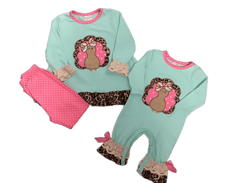 Pink Polka Dot-Leopard Print Feathered -Turkey Shirt & Pant Or One Piece