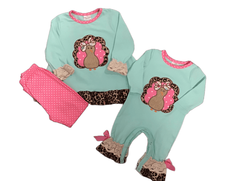 Pink Polka Dot-Leopard Print Feathered -Turkey Shirt & Pant Or One Piece