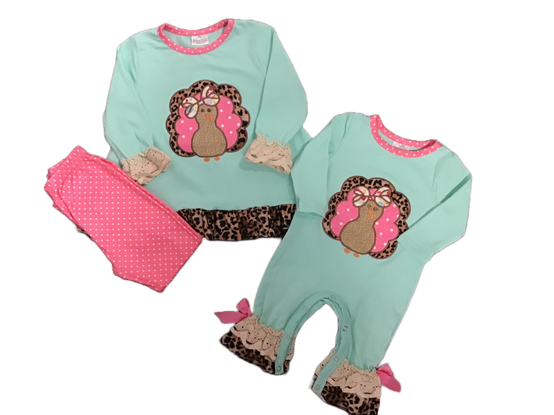 Pink Polka Dot-Leopard Print Feathered -Turkey Shirt & Pant Or One Piece