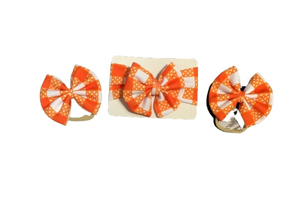 ORANGE AND WHITE CHECKED SINGLE BOW, HEADWRAP AND PIGTAIL
