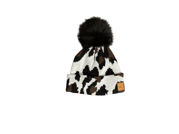 Ladies White Beanie with Leopard Print