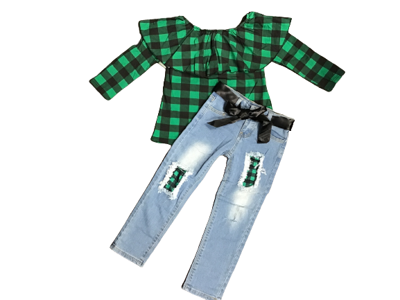 girls boutique jean with black and green buffalo checked outfit