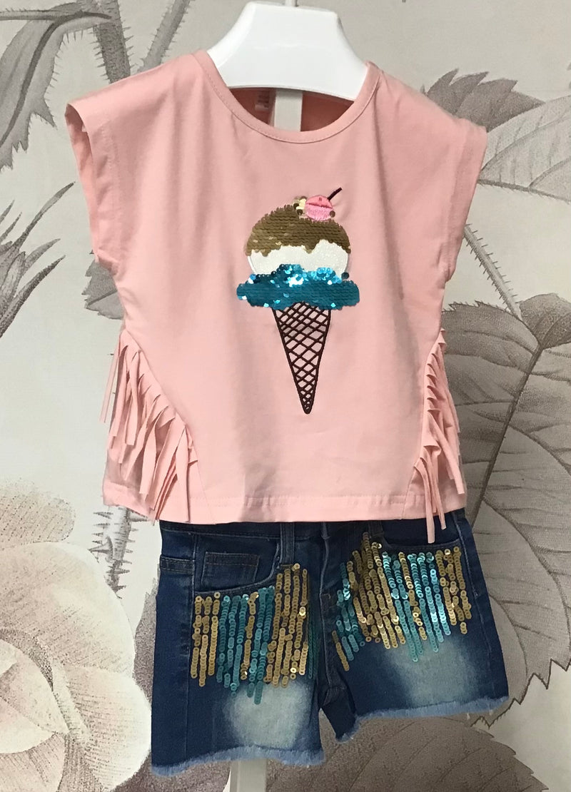 Pink Ice Cream Sequence Applique Shirt With Matching Jean Shorts With Sequence