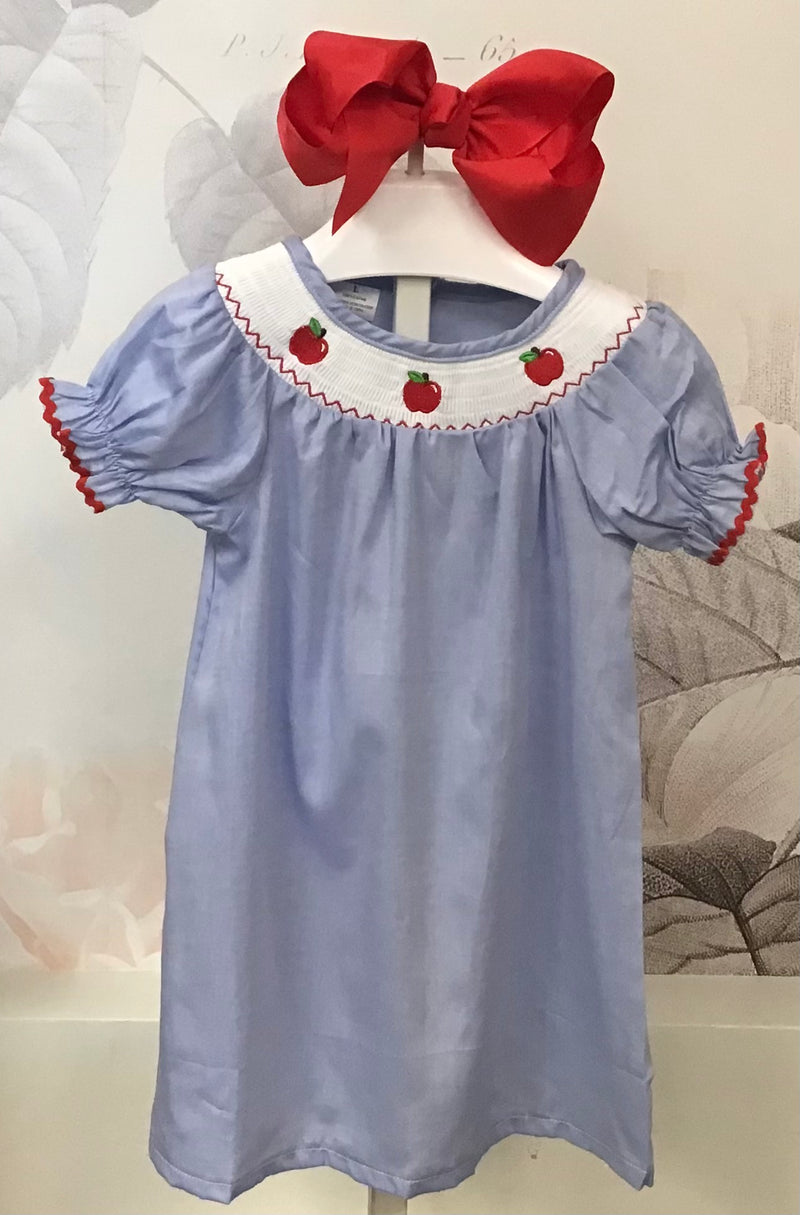 Back To School Blue Smocked Apple Embroidered Dress
