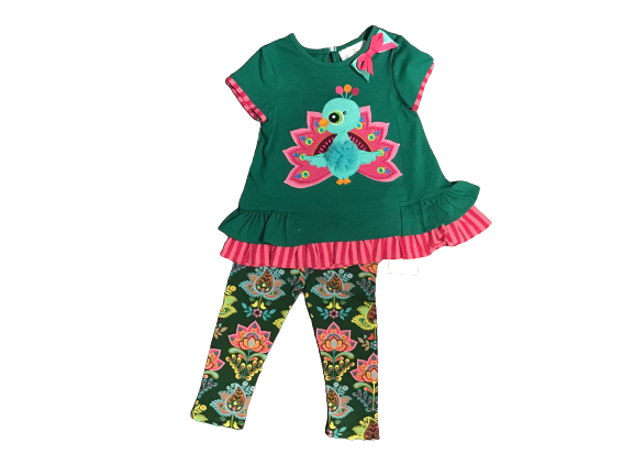 Girls Dark Green and Pink Peacock Spring Boutique Outfit