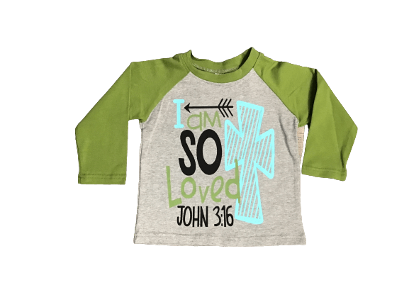 boys i am so loved john 3:16 long sleeve green and grey shirt