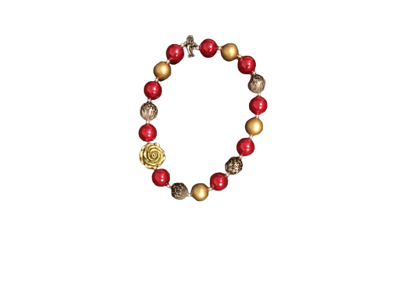 Red and Gold Bubble Gum Necklace with gold rose charm