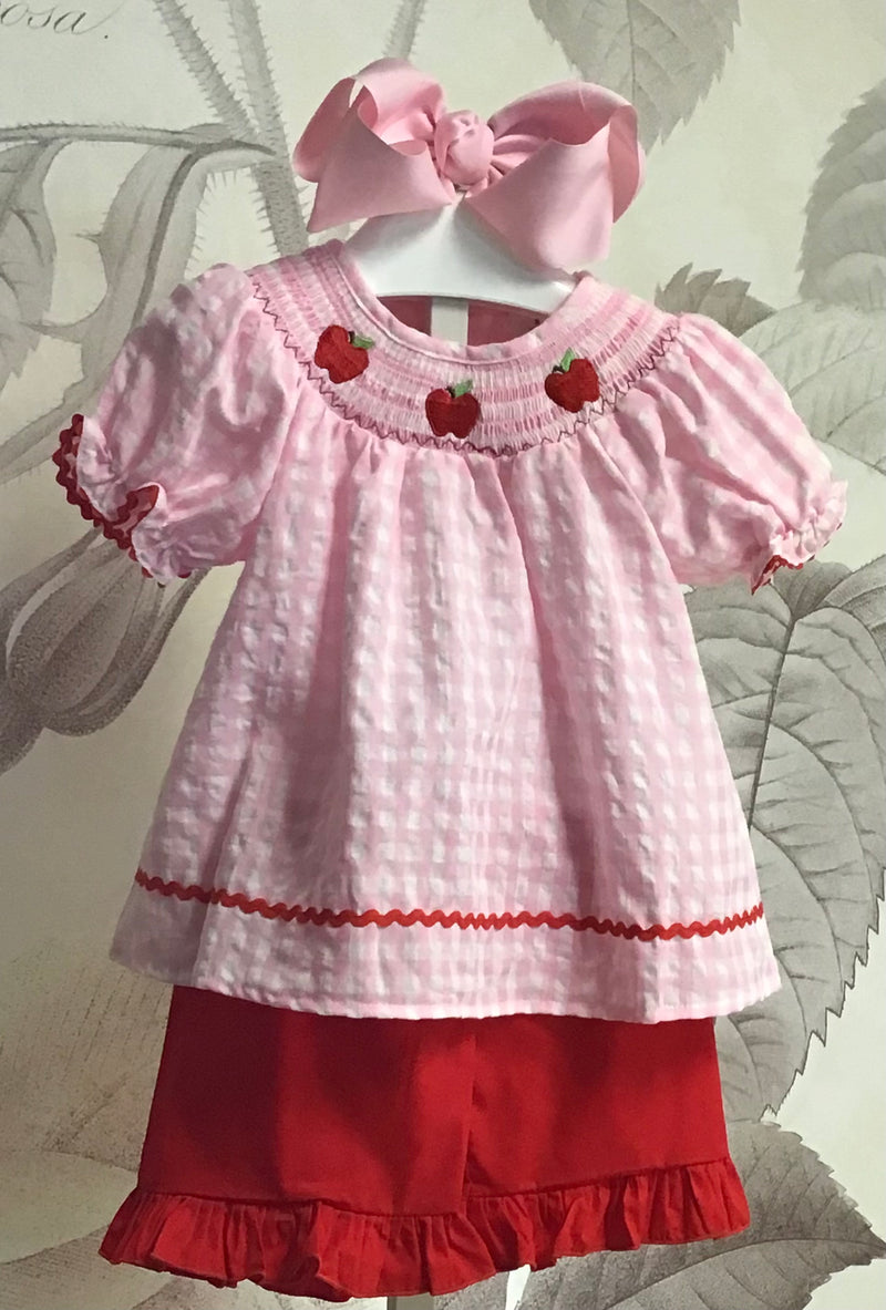 Back To School Pink & White Checked Smocked Apple Embroidered Smocked Short Set