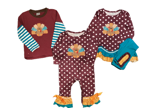 SPOTTED TURKEY LONG SLEEVE BOYS SHIRT, GIRLS ROMPER AND OUTFIT