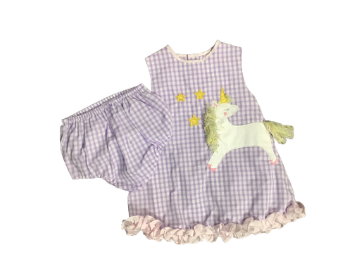 Petit Ami Purple Checked Unicorn Baby Girl Dress