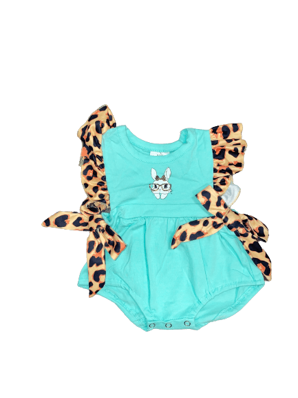 Stylish Baby Girl Mint Easter Bunny Outfit Trimmed in Leopard