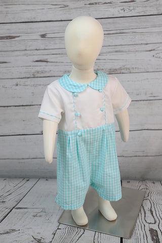 PETIT AMI BABY BOYS DOUBLE BREASTED AQUA CHECK ROMPER-Boys-Simply Blessed Children's Boutique